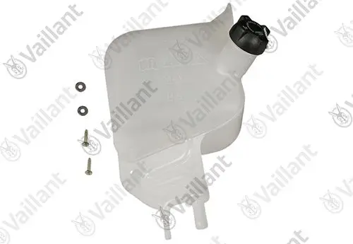 Vaillant Kühlwasserbehälter in transparenter Ausführung, mit Deckel und zwei Anschlüssen. Dazu gehören Gummidichtungen und Schrauben für die Befestigung.